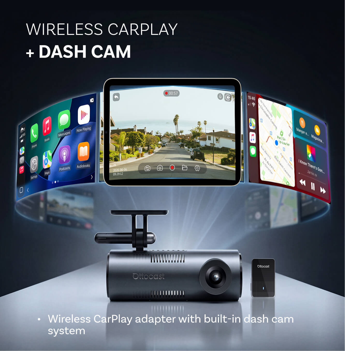 OttoSafe Cam 2-in-1 Dual Dash Cam & Wireless CarPlay Adapter