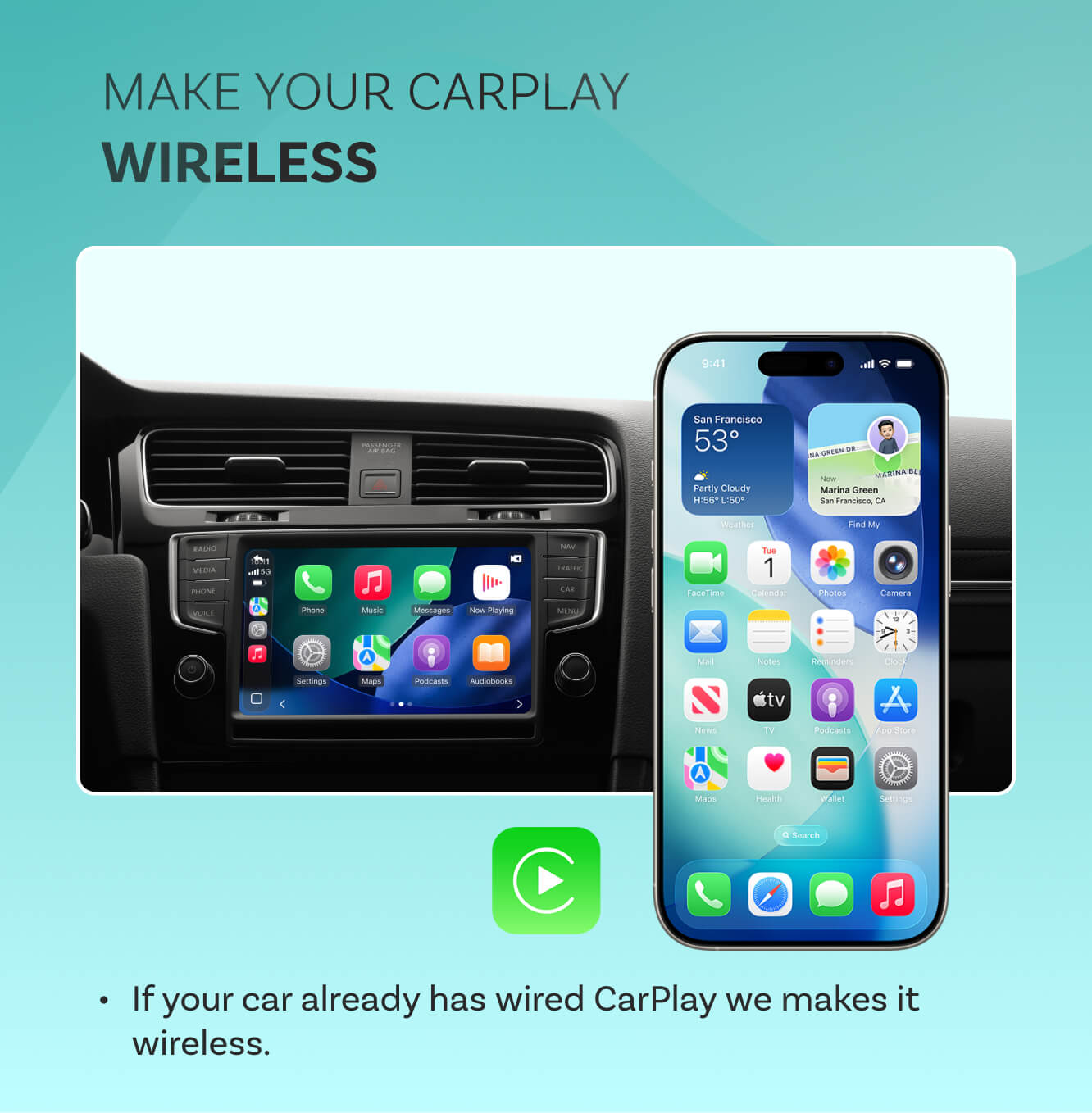 OttoSafe Cam 2-in-1 Dual Dash Cam & Wireless CarPlay Adapter