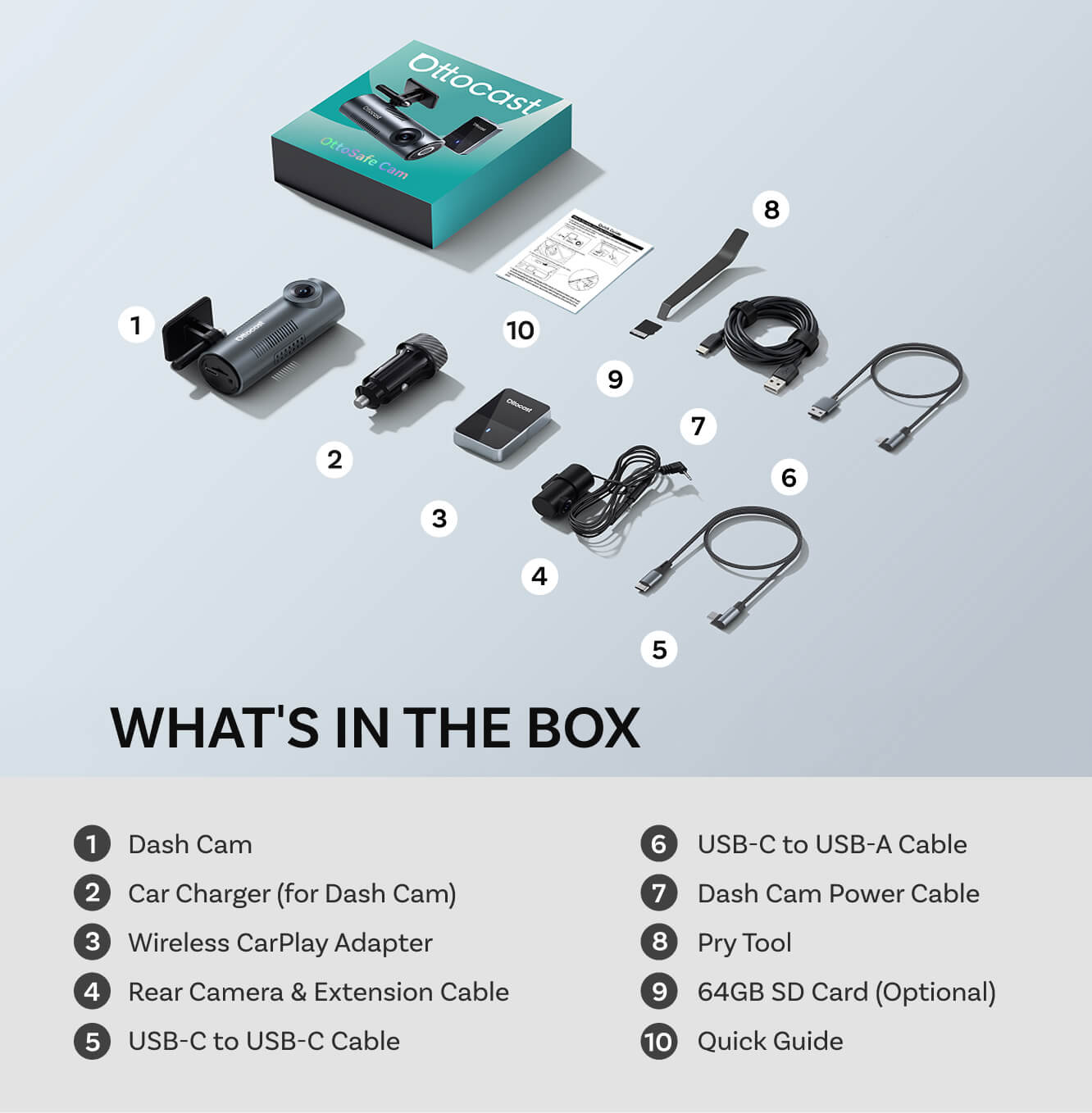 OttoSafe Cam 2-in-1 Dual Dash Cam & Wireless CarPlay Adapter