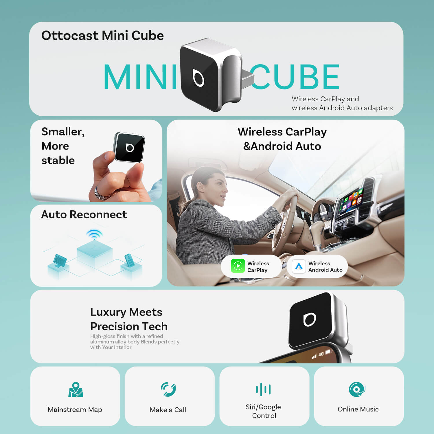 Ottocast Mini Cube 3.0 Trådlös CarPlay/Android Auto-adapter