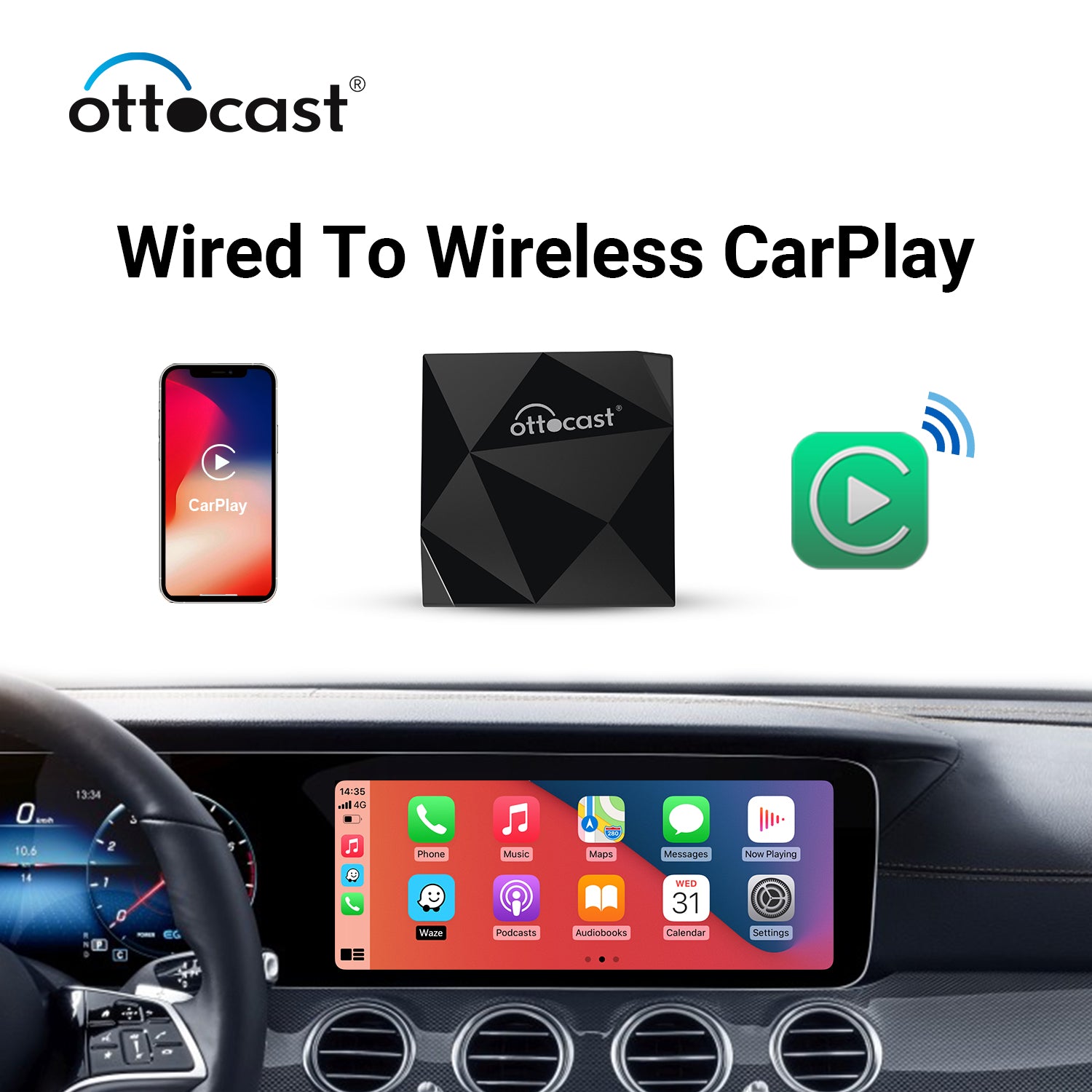 OTTOCAST CarPlay Wireless Adapter for iPhone, Plug & Play CarPlay bluetooth  Dongle Automatic Connection AppleCarpPlay U2-AIR Compatible with Wired