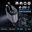 4-in-1 Retractable Car Charger with USB-C & Lightning Cables