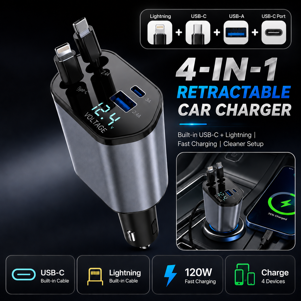 4-in-1 Retractable Car Charger with USB-C & Lightning Cables