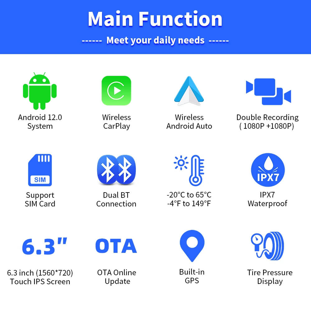 OTTOCAST™Pantalla de visualización de Android 12 GPS de la motocicleta C5 ultra con la cámara de DVR